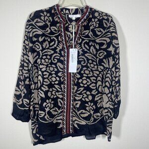 NWT! Karyn SEO Women's Embroidered Semi-Sheer Black Tan Blouse Small Viscose!